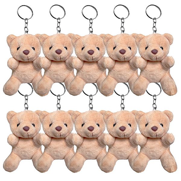 Kit 10 Chaveiros Ursinho de Pelúcia Plush Marrom Macio e Fofo com Corrente Metálica