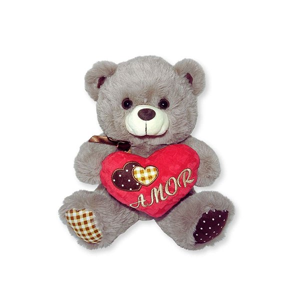 Urso de Pelúcia Tuti Grafite com Coração Amor Bordado Fizzy Toys Macio e Ideal para Presentear com Estilo
