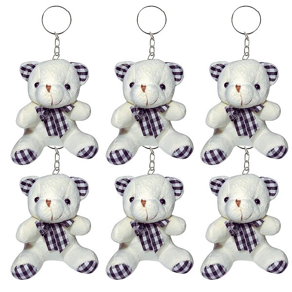 Kit 6 Ursinhos Chaveiro Branco com Laço Xadrez – Pelúcia Fofa e Delicada para Presentear ou Decorar!