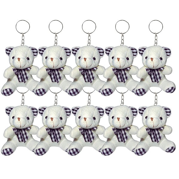 Kit 10 Ursinhos Chaveiro Branco com Laço Xadrez – Pelúcia Fofa e Delicada para Presentes Criativos!