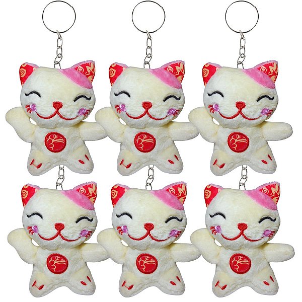 Kit 6 Gatos da Sorte Chaveiro Creme – Pelúcia Macia com Selo INMETRO e Toque Suave e Fofo!