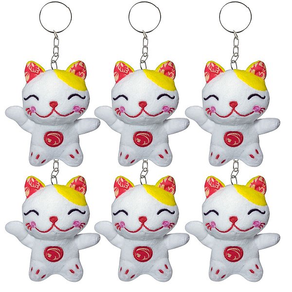 Kit 6 Gatos de Pelúcia da Sorte F.Emy Chaveiro F6600013 Branco