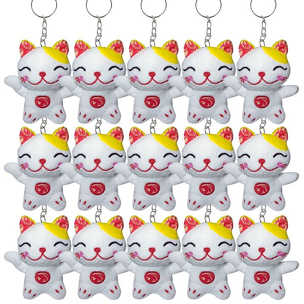 Kit 15 Gatos de Pelúcia da Sorte Brancos – Chaveiros Fofinhos com Selo INMETRO e Toque Macio!