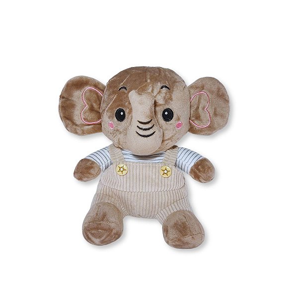 Elefante de Pelúcia Marrom com Macacão Fizzy Toys Wally Macio e Fofo para Crianças, Decoração e Presente