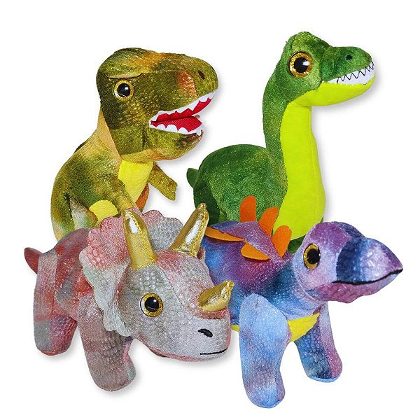 Kit com 4 Dinossauro de Pelúcia Fizzy Toys Macios e Coloridos para Presente Infantil e Decoração Divertida