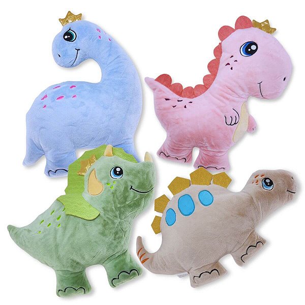 Kit com 4 Dinossauros de Pelúcia Almofada Fizzy Toys Super Macios e Coloridos para Presentear e Decorar