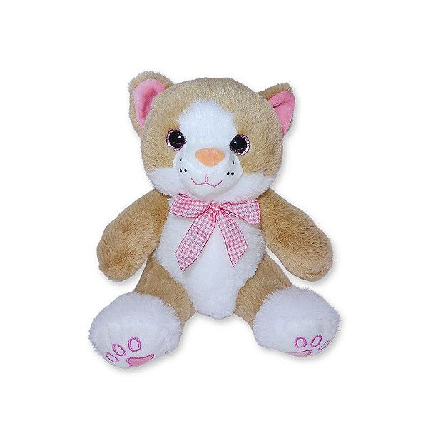 Gato de Pelúcia Marrom Arlo Sentado com Lacinho Rosa Xadrez Fizzy Toys Fofo para Presentear