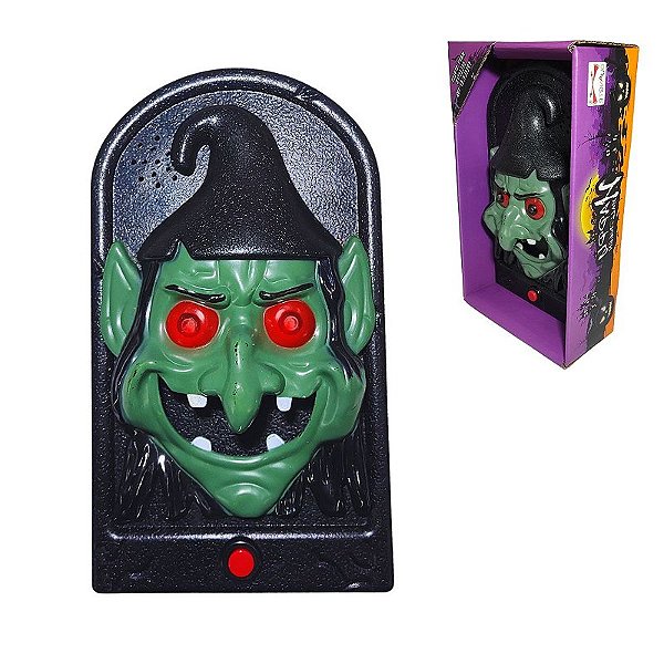 Enfeite Decoração Halloween Campainha Susto Som e Luz Bruxa