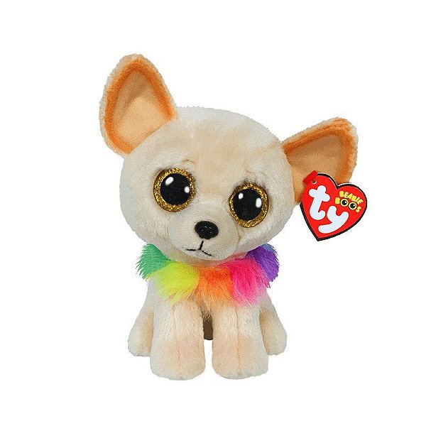 Bicho de Pelúcia Ty Chihuahua Chewey - Pelúcia Macia com Olhos Brilhantes e Coleira Arco-Íris