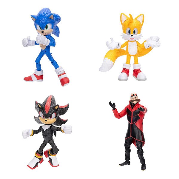 Kit 4 Bonecos Sonic 3 - Sonic, Tails, Shadow e Robotnik com Detalhes e Articulações Realistas