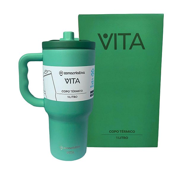 Copo Térmico Zona Criativa Vita 1L – Com Tampa, Alça Ergonômica e Design Moderno Verde Hortelã