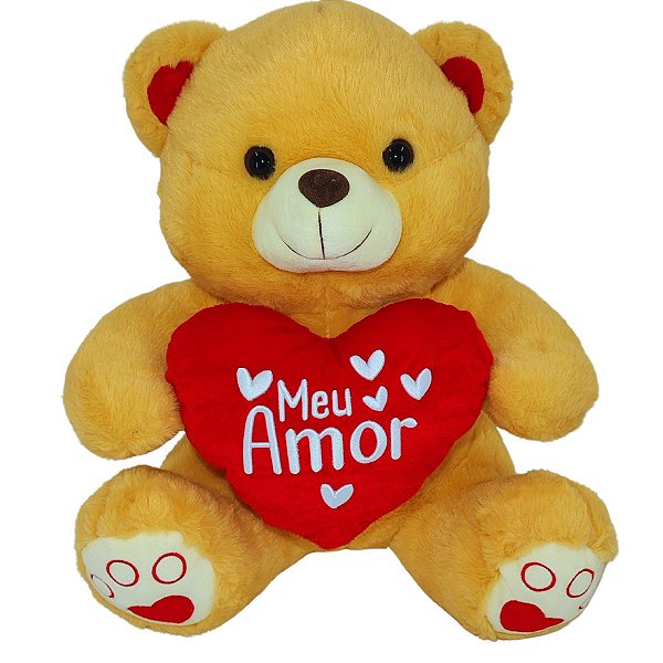 Urso de Pelúcia Creme 45cm com Coração Vermelho – Diga Eu Te Amo com Estilo Kindy