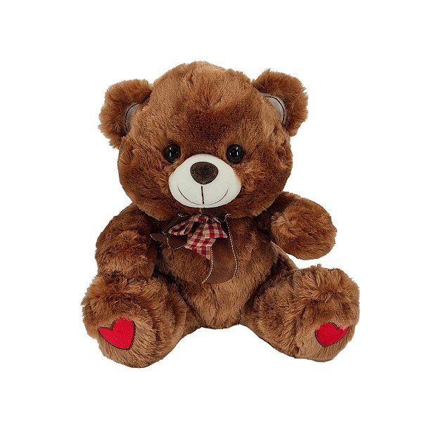 Pelúcia Charmosa com Detalhes Românticos – Urso Cappuccino com Laço Xadrez 33cm