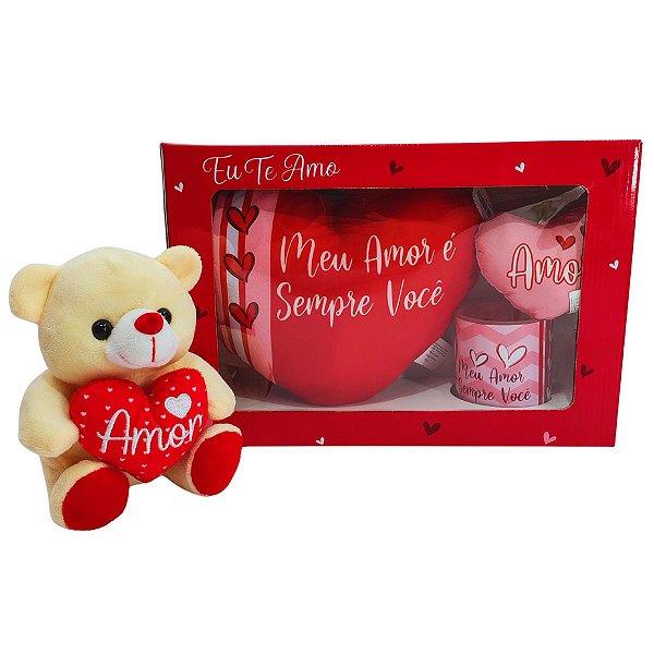 Presente Romântico com Almofada Coração, Caneca Decorada e Pelúcia Fofa