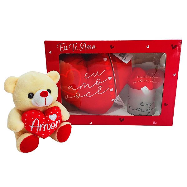 Almofada Eu Amo Você com Caligrafia Moderna + Caneca Árvore e Pelúcia de Coração