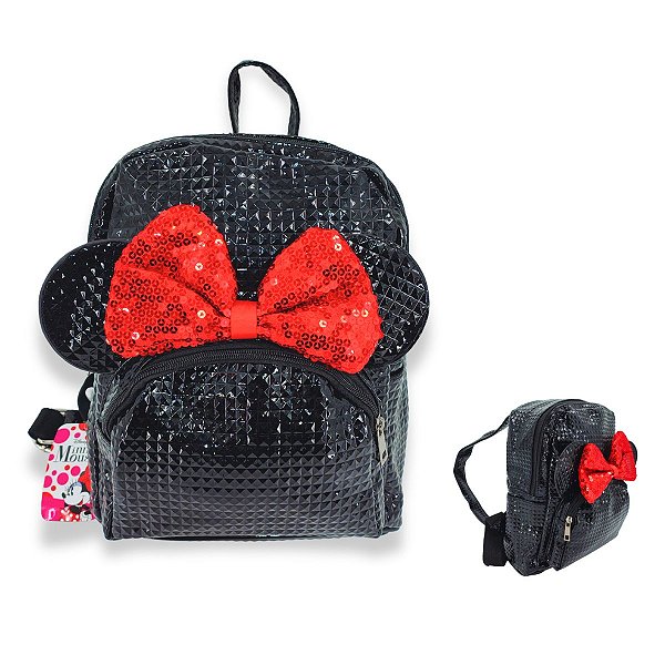 Mochila Brilhante Minnie com Laço de Lantejoulas e Alças Ajustáveis – Infantil Feminina