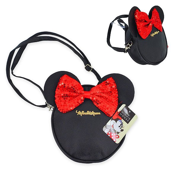 Bolsa Minnie Mouse Redonda com Laço de Paetês, Orelhas e Alça Transversal