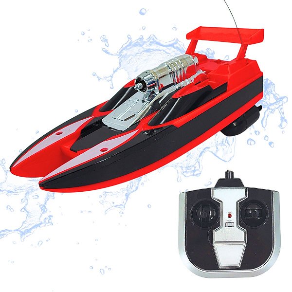 Lancha de Controle Remoto com Controle Completo – Super Boat com 2 Hélices e Design Vermelho/Preto