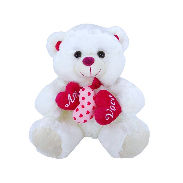 Urso de Pelúcia com Frase Amo Você – 33cm, 3 Corações, Macio e Perfeito para Presentear