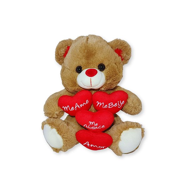 Urso de Pelúcia com 4 Corações e Frases de Amor – Macio e Fofo para Presente – 25cm