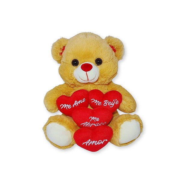 Urso de Pelúcia com 4 Corações e Frases de Amor – Macio e Fofo para Presente – 25cm
