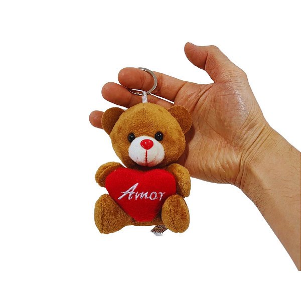 Ursinho de Pelúcia com Coração Amor e Chaveiro – 11cm – Lembrancinha Fofa