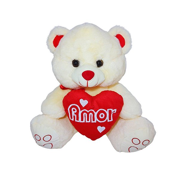 Urso de Pelúcia Creme com Coração Vermelho Amor 32cm Presente Romântico Fizzy Toys