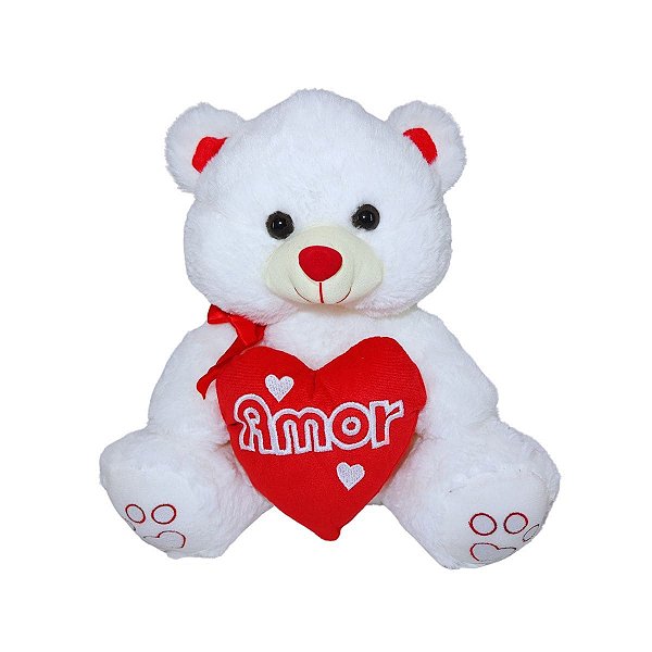 Urso de Pelúcia Branco com Coração Vermelho Amor 32cm Presente Romântico Fizzy Toys