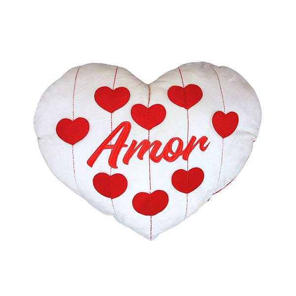 Coração de Pelúcia com Palavra Amor e Corações 3D Bordados - 44x34cm - Presente Romântico