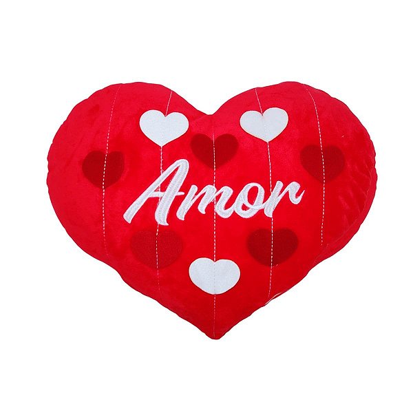 Coração de Pelúcia com Palavra Amor e Corações 3D Bordados - 44x34cm - Presente Romântico