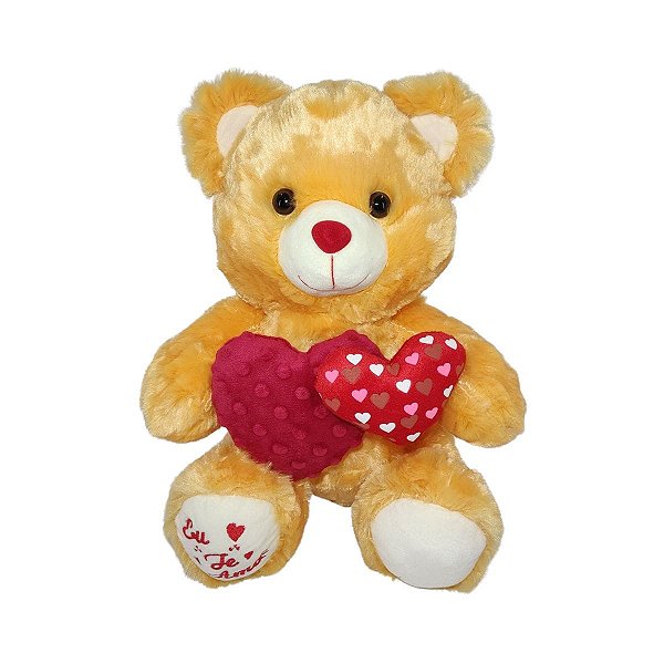 Urso de Pelúcia Caramelo com 2 Corações e Frase "Eu Te Amo" - Fizzy Toys - 33cm