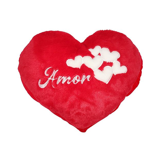 Coração de Pelúcia Vermelho com Bordado 3D e Corações Brancos - 42x35cm - Presente Amoroso