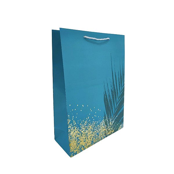 Sacola Presente Papel Cartão Verde Escuro com Folhas Douradas e Alça Cordão 42x30x12cm