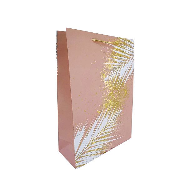 Sacola Presente Papel Cartão Rosa com Dourado 42x30cm com Alça de Cordão Reforçada
