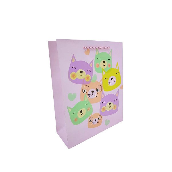 Sacola de Presente Infantil Gatinhos Coloridos em Papel Cartão com Alça Rosa 32x26x10cm