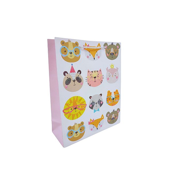 Sacola Presente Infantil 12 Animais Fofo Papel Cartão com Alça Prateada 32x26x10cm