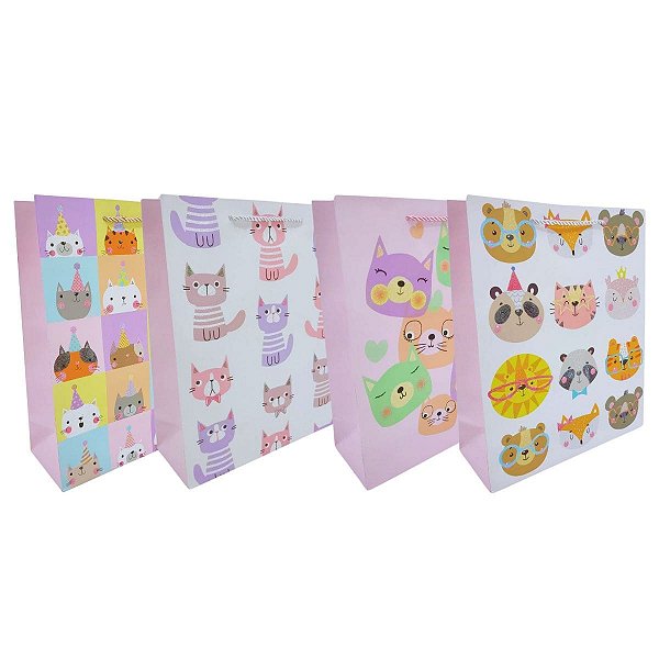 Kit 12 Sacolas Presente Infantil Sortidas Gatinhos e Bichinhos Papel Cartão 32x26x10cm