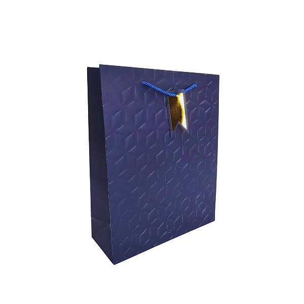 Sacola Presente Luxo Azul com Relevo e Alça de Cordão – Tamanho Médio 32x26x10cm