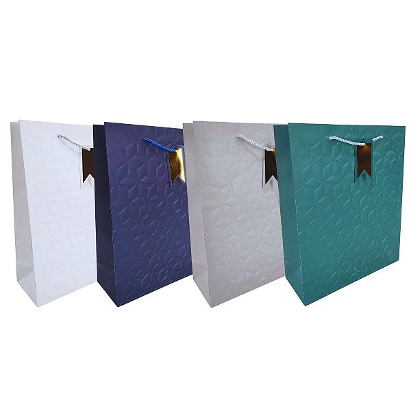 Kit 12 Sacolas Presente Luxo Relevo Cores Sortidas 32x26cm com Alça e Tag Metálica