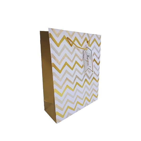 Sacola Presente Luxo Média 32x26cm Branca Dourada Zigue Zague com Alça e Tag Decorativa