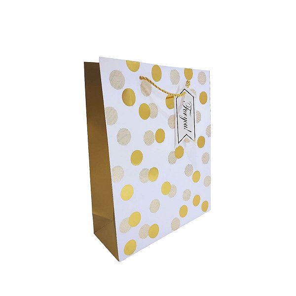Sacola Presente Luxo Média 32x26cm Papel Cartão Branca com Bolinhas Douradas e Tag