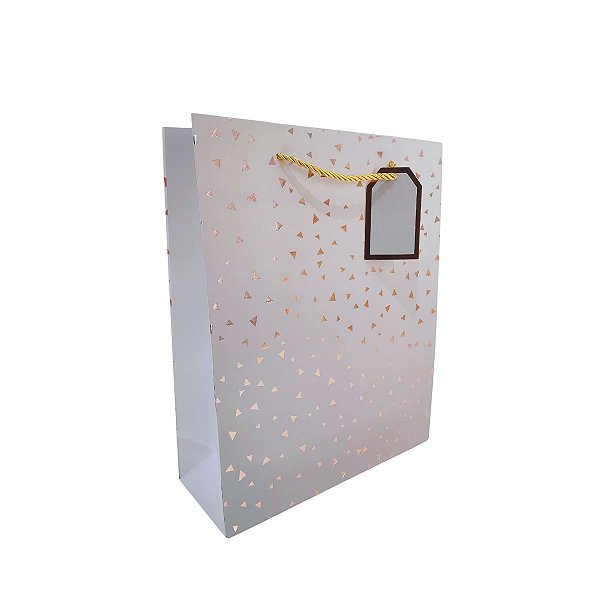 Sacola de Presente Luxo Média com Estampa Rosé Gold Triângulos e Alça de Cordão