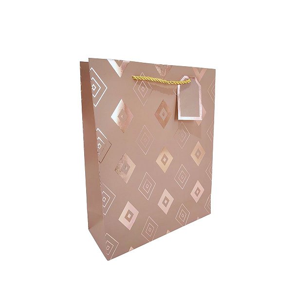 Sacola de Presente Luxo Rosé Gold com Estampa de Losangos e Alça Dourada 32x26x10cm