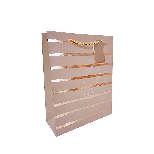 Sacola Presente Papel Cartão Rosé Gold com Listras e Alça Dourada Tamanho Médio 32x26cm