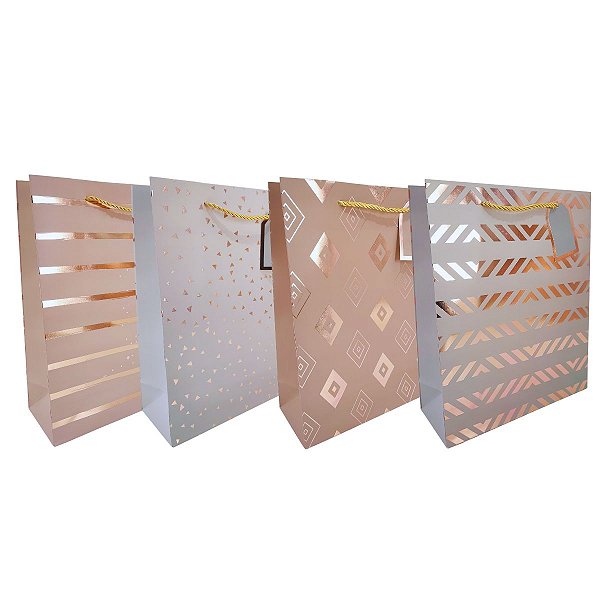 Kit 12 Sacolas Presente Rosé Gold Tamanho Médio Estampas Sortidas com Alça e Tag Decorativa