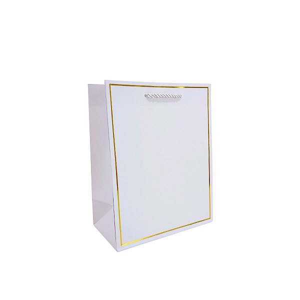 Sacola de Presente Pequena Papel Cartão Branco com Alça Cordão e Detalhe Metálico Dourado