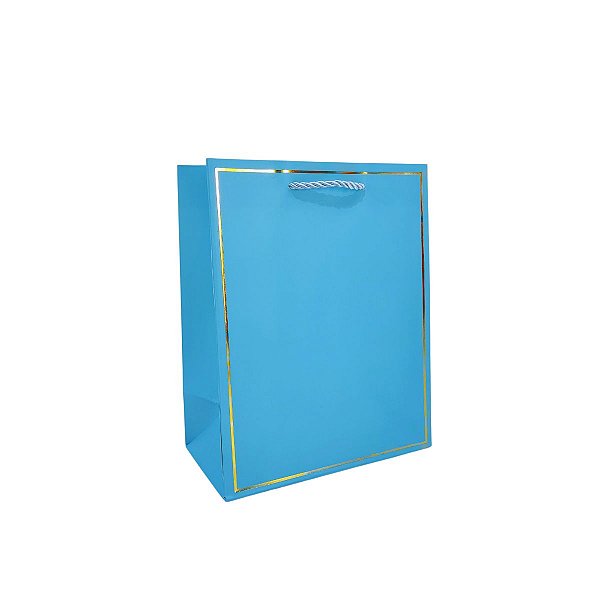 Sacola Azul Pequena Luxo 23x18x10cm com Alça Cordão e Acabamento Metálico Dourado