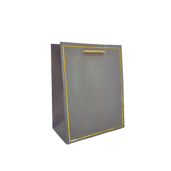 Sacola de Presente Cinza Luxo 23x18x10cm com Alça Dourada e Acabamento Metálico