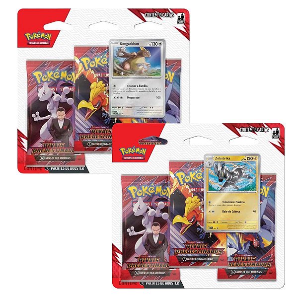 Kit Pokémon TCG com 2 Blisters Rivais Predestinados Kangaskhan e Zebstrika com 6 Boosters e 38 Cartas