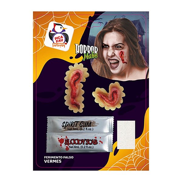 Ferimento Falso Horror Make Vermes com 2 Próteses, Cola, Sangue Falso e Esponja Halloween